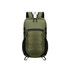 A packable hiking backpack in olive green with zippered compartments and mesh side pockets. It features adjustable straps and a logo.