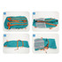 A packable hiking backpack in teal with orange accents, displayed in four stages of folding and packing.