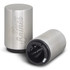A drink bottle opener with a sleek silver design, featuring a black base and a logo on the side.