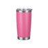 A drink bottle in vibrant pink with a stainless steel bottom and a clear lid, featuring a branded logo.