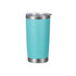 A drink bottle in a vibrant teal colour with a stainless steel bottom and a clear lid, featuring a logo.
