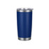 A drink bottle featuring a navy blue stainless steel exterior, double wall insulation, and a clear lid. It has a metallic silver band.