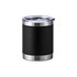 A drink bottle with a black stainless steel body and a clear lid, featuring a silver base and sleek design.