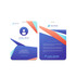 An acrylic name tag in shades of blue and orange with a logo and geometric design elements.
