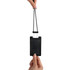 A black ABS retractable card holder with a silicone strap, being held by a hand.