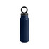 A drink bottle in navy blue, featuring a black lid and a magnetic phone holder. It has a logo on the bottle.