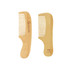 A natural small bamboo comb with handle, featuring two sides with varying tooth widths. The colours are light brown and beige.