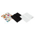 A set of three RPET lens cloths in floral, black, and white designs, featuring varied textures and shapes.