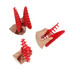 Three red acetate hair clips are shown from different angles, featuring a ribbed design and a clasp mechanism.