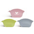 A set of silicone cosmetic bags in pink, green, and blue, each with a simple logo.
