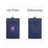 A navy PU leather card holder featuring a logo, with options for UV print and debossing.