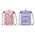A pink and purple pouch featuring colourful tee designs and a quirky character illustration, complete with drawstring closure.