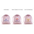 Three pink silk velvet drawstring bags featuring different logos and branding techniques: embroidery, heat transfer, and hot foil stamping.