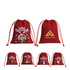 A set of red drawstring gift bags featuring Christmas designs, including Santa and snowmen, with logos present.