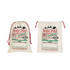 Two cream flax linen drawstring bags with festive designs and red drawstrings, featuring a logo.