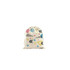 A patterned cotton linen drawstring bag featuring shapes in pink, blue, yellow, and black on a natural background.