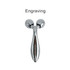 A chrome facial roller with two faceted balls and a sleek handle, featuring a logo.