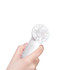 A mini portable handheld fan in white, held in a hand, featuring a circular fan design and a button.