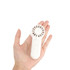 A portable handheld fan in white, fitting comfortably in a person's hand, featuring a circular grille and a button.