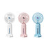 Handheld fans in white, pink, and blue, each with a phone stand and featuring a logo.