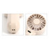 A mini handheld fan in beige, featuring a circular fan grille and a charging port. It has a simple design and a compact size.