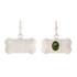 A bone-shaped pet waste bag dispenser in white with a green opening, featuring a clip for attachment and a logo.