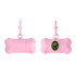 A pink bone-shaped pet wastebag dispenser with a clip for attachment and a transparent window. Features a logo.