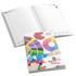 A diary with a laminated paper cover featuring colorful paint swatches, opened to reveal blank pages inside.