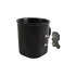 A black ceramic coffee mug with a sleek design and two magnetic attachments on the side. It features a logo.