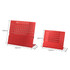 A red aluminium desk calendar with a sleek design, featuring a grid layout for days and dates, standing at two different sizes.