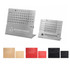 A silver aluminium desk calendar features monthly grids, with options in black, red, gold, and rose gold. Includes a logo.