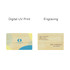 A bamboo business card featuring a natural wood finish with colourful geometric designs and engraved text.