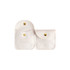 A square velvet jewellery pouch in light cream with a gold button closure and two compartments.