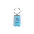 A rectangular blue epoxy tag with a metal keyring, featuring a logo design.