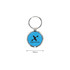 A round blue NFC epoxy tag featuring a metal keyring, displaying a logo and measures 35mm in diameter.