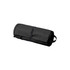A black multifunctional toiletry travel bag rolled up, featuring a handle and a strap for secure closure.