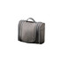 A grey storage bag with zippers and a handle, featuring multiple compartments and a sleek design.