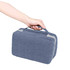 A portable, rectangular travel toiletry bag in a blue fabric finish with a handle for easy carrying.