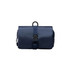 A navy folding travel toiletry bag featuring a buckle strap and a mesh pocket. It has a simple, compact design.