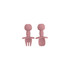 Two pieces of pink silicone cutlery for kids, featuring bear-shaped handles with smiling faces.