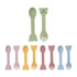 A collection of bear-shaped silicone kids' cutlery in pastel colours, including green, yellow, pink, and blue, with a logo.
