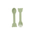 A bear-shaped silicone kids cutlery set in a soft green colour, featuring a spoon and fork with bear designs.