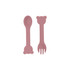 A bear-shaped silicone kids cutlery set in soft pink, featuring a spoon and fork with bear-shaped ends.