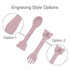A pink silicone kids cutlery set featuring a spoon and fork with bear-shaped handles, displaying engraving style options.