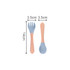 Ergonomic silicone kids cutlery set in blue and wood, featuring a fork and spoon with measurements displayed.