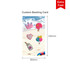 A custom backing card featuring colourful icons: a crown, heart, ice cream, and balloons on a beach background.