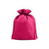 A fuchsia non-woven drawstring bag with a gathered top and textured surface. It features a logo.