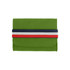 A green felt travel organizer with a striped fabric band in navy, red, and white across the front. It has a logo.