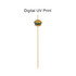 A bamboo skewer topped with a burger design, featuring a natural wood colour and a logo on the shaft.