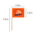 A pack of 100 small orange and white flag labels on wooden sticks, featuring a logo and dimensions indicated.